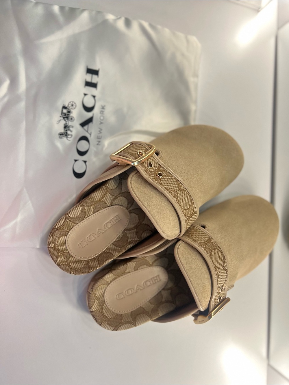 Coach Beige Suede Mule Clogs with Signature Monogram Strap